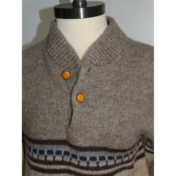 Vintage 80s Sweater Jumper Knit  Oatmeal Button Neck Leather Buttons Size Med - Picture 4 of 4